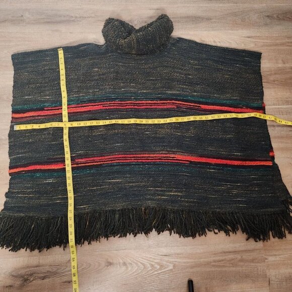 Striped Wool Poncho Fringe Boho Hippie Brown Red OS - Picture 8 of 12